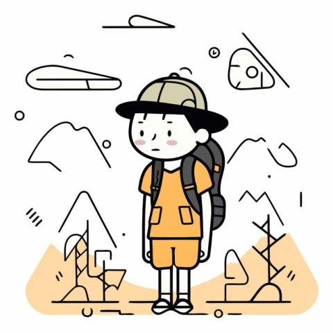 Vector illustration of a boy wearing a hat and hiking equipment