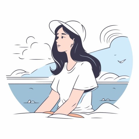 Vector illustration of a girl in a hat sitting on the beach.