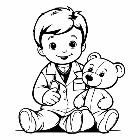 Black and White Cartoon Illustration of Little Boy Doctor with T