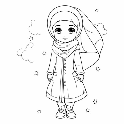 Cute cartoon muslim girl for coloring book.