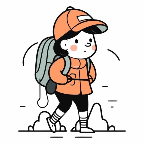 Cute little boy in orange jacket and cap with backpack.