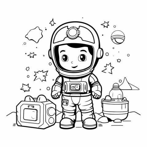 Cute astronaut boy cartoon in space suit coloring page