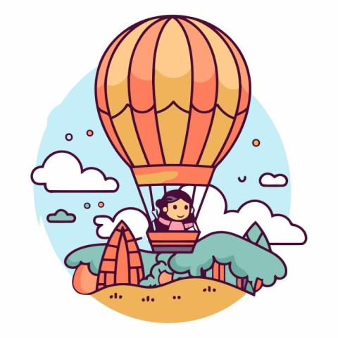 Cute little girl flying in hot air balloon.