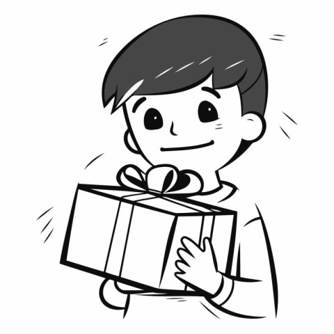 Boy holding a gift box - Black and White Cartoon Vector Illustra