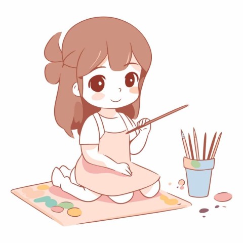 Illustration of a Cute Little Girl Painting with Paintbrushes