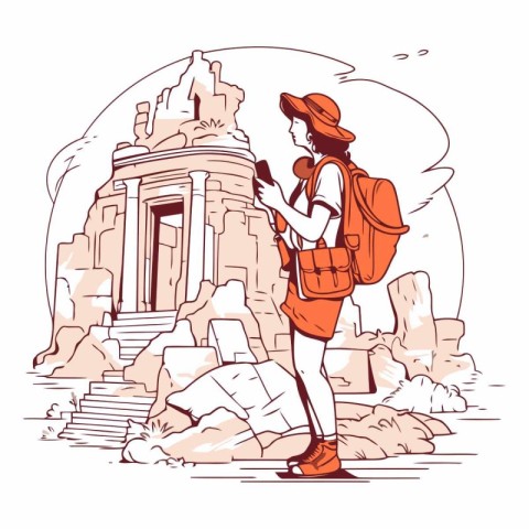 Tourist girl with a backpack on the background of ancient ruins