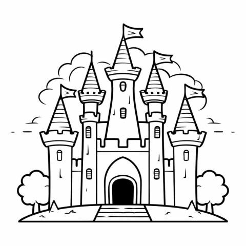 Fairytale castle. Black and white vector illustration for colori