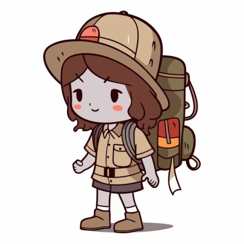 Illustration of a Cute Girl Wearing a Camping Hat and Backpack