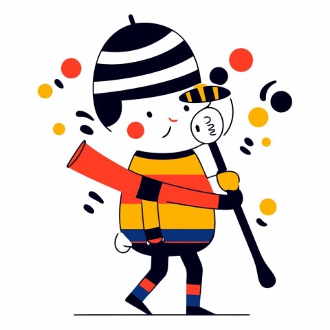 Cute cartoon little boy in a striped hat and a striped vest with