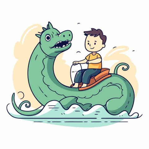 Cute cartoon little boy riding a green dragon.