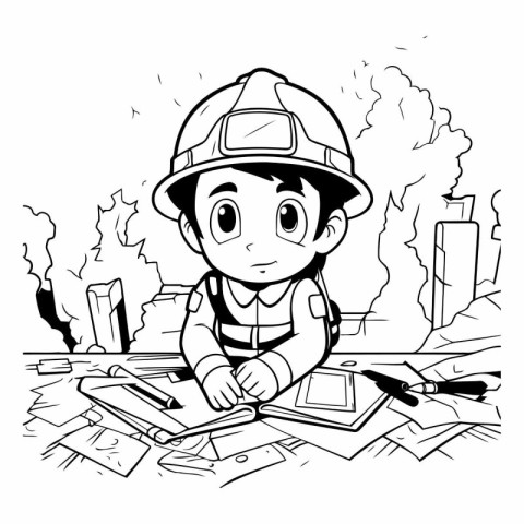 Illustration of a Kid Boy in a Firefighter Uniform Working on a