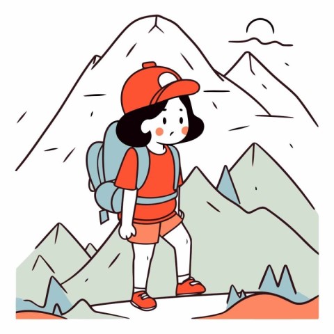 Hiking girl in the mountains of a girl with a backpack.