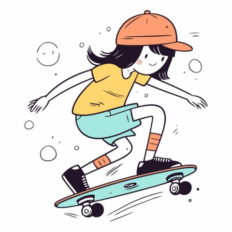 Teenager girl riding skateboard in cartoon style.