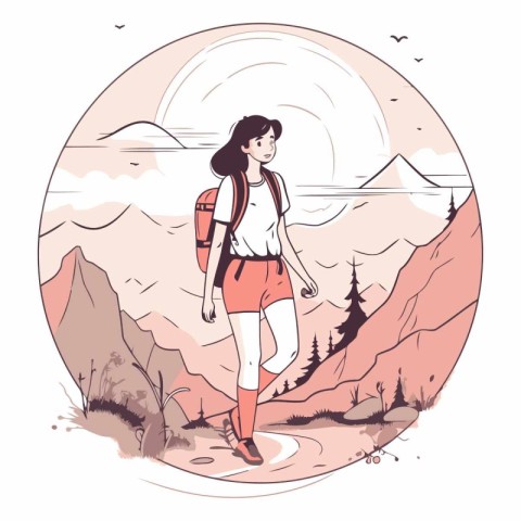 Hiking girl in the mountains in a flat style.