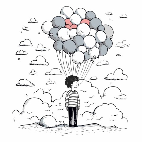 Illustration of a young boy flying on a bunch of balloons.