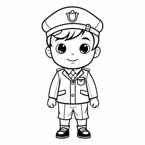 Coloring page of cute little boy in police uniform.