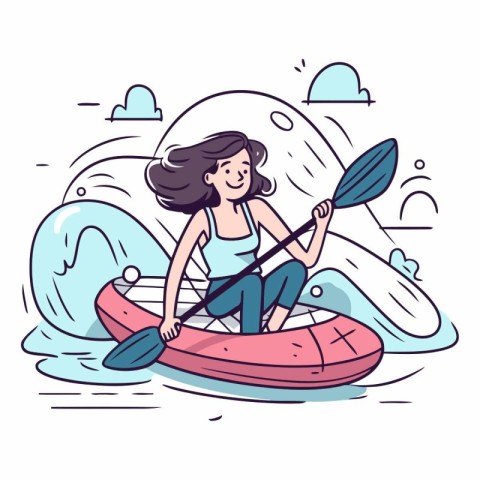 Young smiling woman paddling a kayak in the sea.