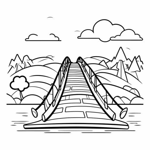 Bridge over the river. Outline vector illustration. Black and wh