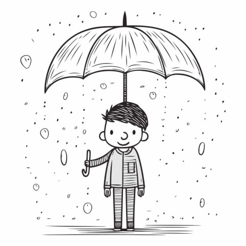 Cute cartoon boy with umbrella. Hand drawn sketch.