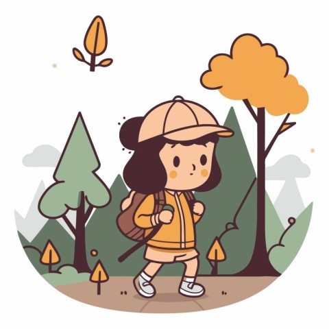 Cute little girl hiking in the forest in cartoon style.