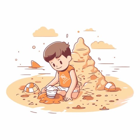 Little boy playing with sand at the beach. Vector cartoon illust