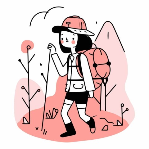 Vector illustration of a girl in a cap with a backpack and a map