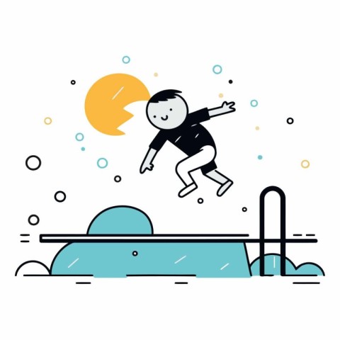 Boy jumping into the water in flat design style.