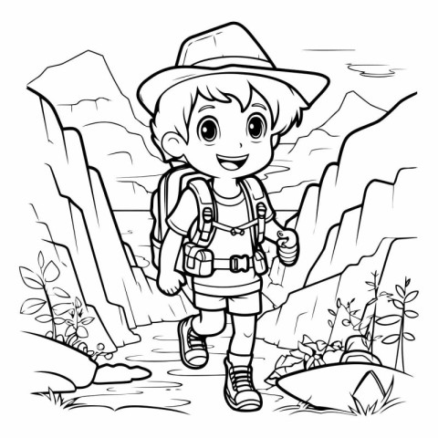 Coloring Page Outline Of a Boy Hiking in the Canyon