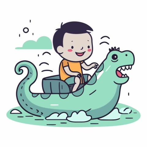 Cute boy riding dragon boat in cartoon style.