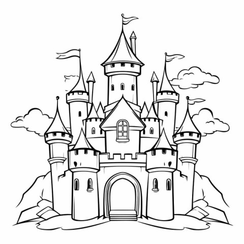 Cartoon castle. Black and white vector illustration for coloring