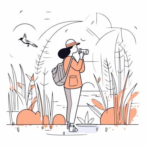 Vector illustration of a girl in a hat with a backpack and a cam