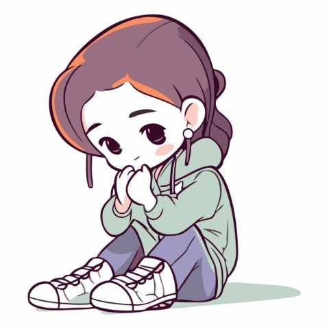 Illustration of a Cute Little Girl Sitting and Thinking About So