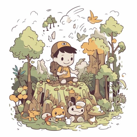 Boy playing with wild animals in the forest. Vector hand drawn i