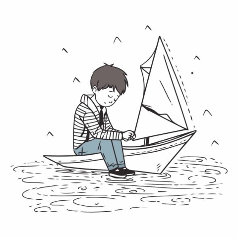 Boy playing with sailboat in doodle style.