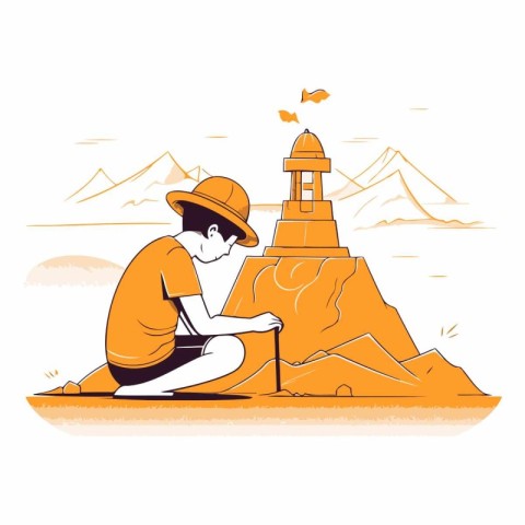 Tourist and lighthouse. Flat design on white background.