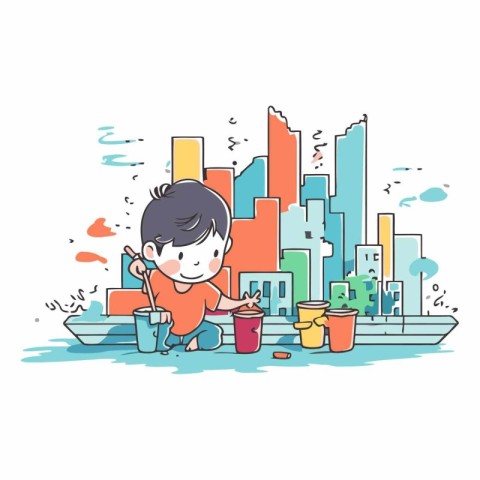 Boy playing in the city. Cute hand drawn vector illustration.