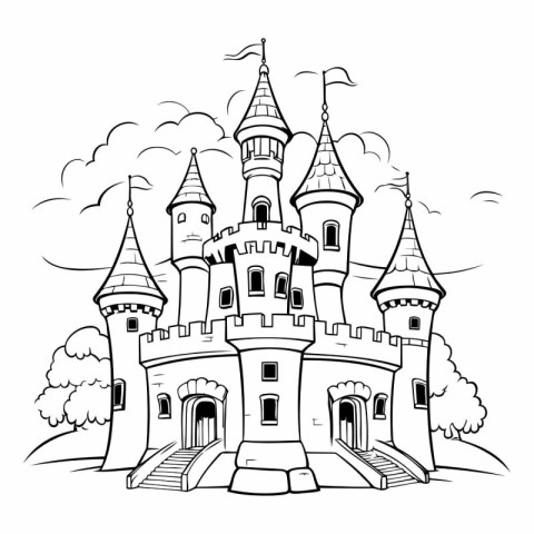 Cartoon castle. Black and white vector illustration for coloring