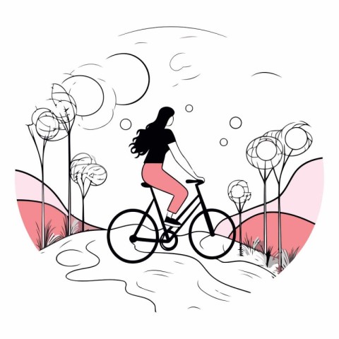 Vector illustration of a girl riding a bicycle in the park. Silh