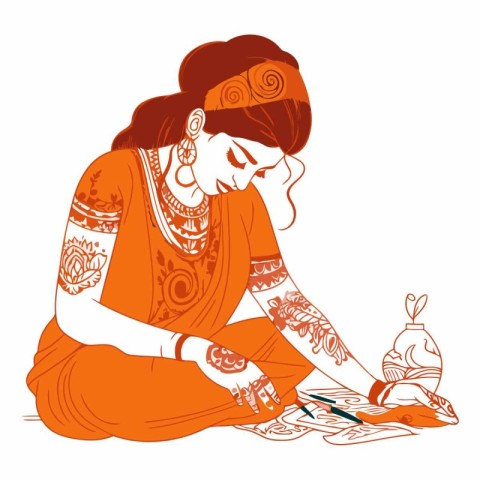 Hindu woman with henna tattoo on her hand