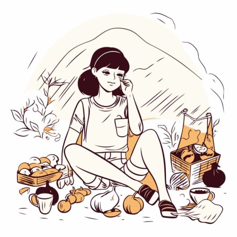 Girl with a basket of food on a picnic.