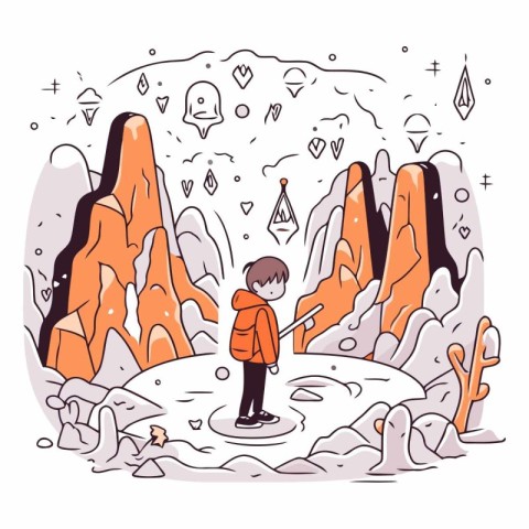 Vector illustration of a little boy hiking in the mountains. Car