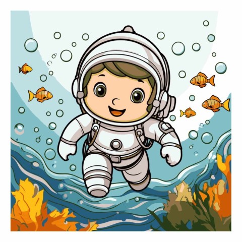 Cute cartoon astronaut on the background of the sea