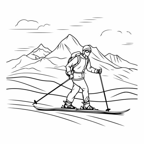 Skiing in the mountains. Black and white vector illustration.