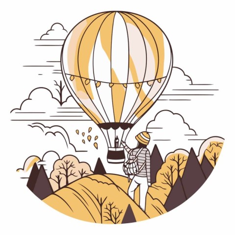 Hand drawn vector illustration of a man flying on a hot air ball