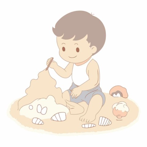 Illustration of a Cute Little Boy Playing with a Sand Castle