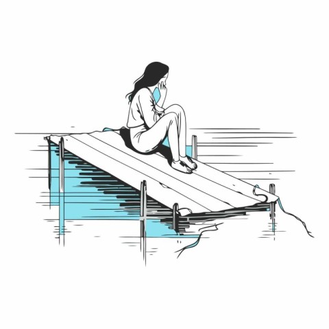 Vector illustration of a woman sitting on a pontoon in the water