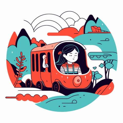 Vector illustration of a girl in a bus on the background of natu