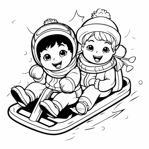 Boy and girl sliding on a sled for coloring book.