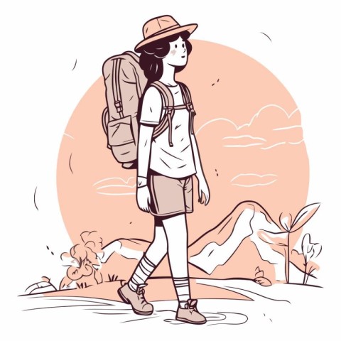 Vector illustration of a girl with a backpack walking in the mou