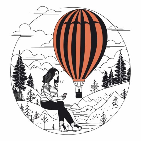 young woman using smartphone with hot air balloon in the landsca